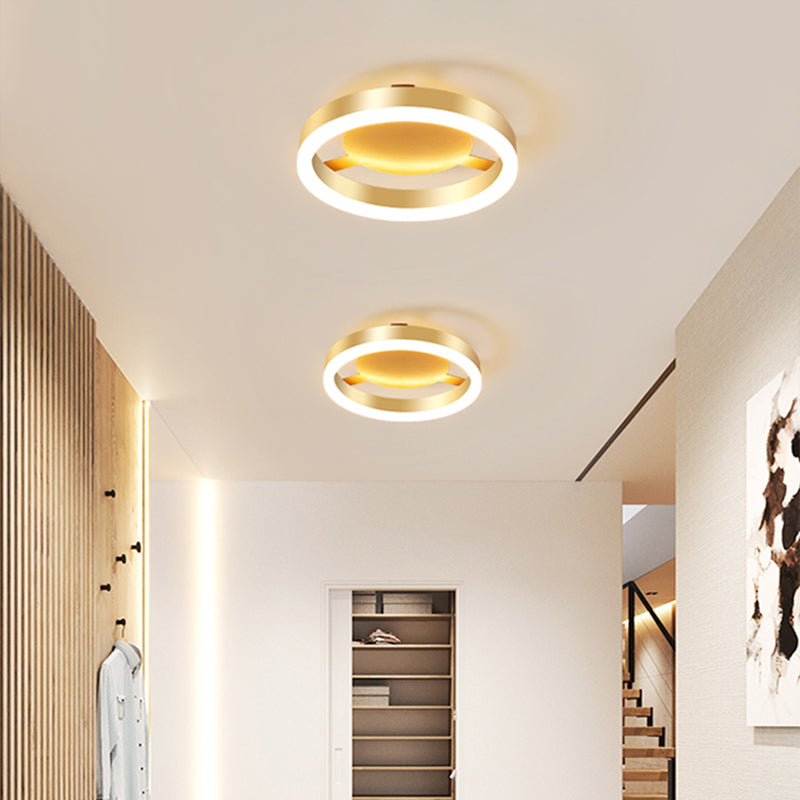 Minimalist Gold Flush Mount Led Ceiling Light With Aluminum Frame - Ideal For Corridor