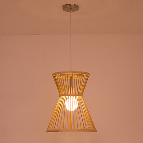 Asian Style Bamboo Pendant Lamp: Hourglass Shape Beige Suspension Light For Foyer