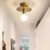 Traditional Brass Flush Mount Lamp With Exposed Bulb - 1 Head Ceiling Mounted Light For Living Room