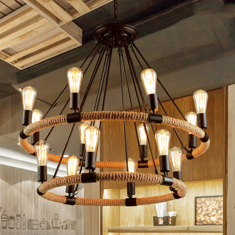 Country Style 14-Head Brown Pendant Chandelier With Circular Roped Design