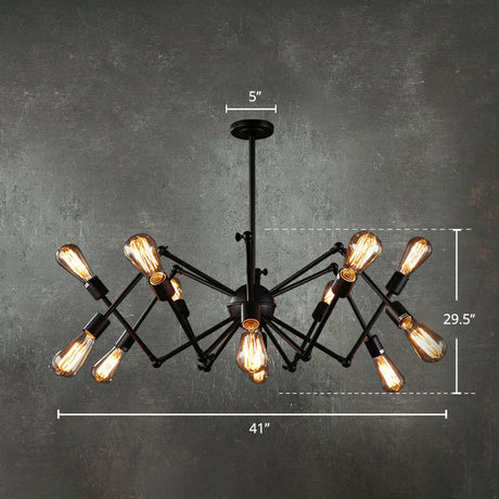 Black Iron Swing Arm Chandelier - Loft Style Restaurant Hanging Lamp With Exposed Bulb Lighting 12 /