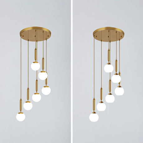 Gold Minimalist Stairway Pendant Light With White Glass Ball Multi Hanging