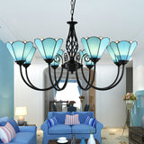 Blue Glass Floral Chandelier - Mediterranean Design Black Ceiling Lamp For Living Room