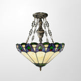 Beige Stained Glass Conical Pendant Chandelier - 3-Light Hanging Light For Dining Room