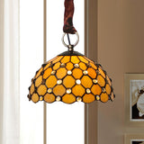 Tiffany Beige Bowl Suspension Lamp: 1-Bulb Cut Glass Ceiling Light Fixture With Jewel Deco