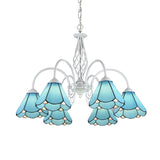 Handcrafted Mediterranean Blue Glass Chandelier With White Arched Arm - Conical Hanging Ceiling
