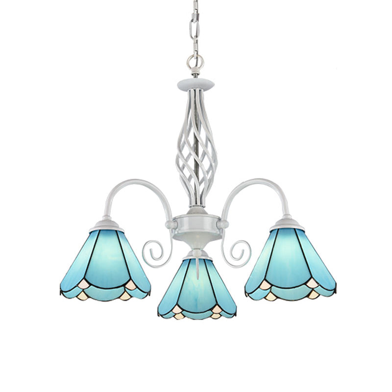Handcrafted Mediterranean Blue Glass Chandelier With White Arched Arm - Conical Hanging Ceiling