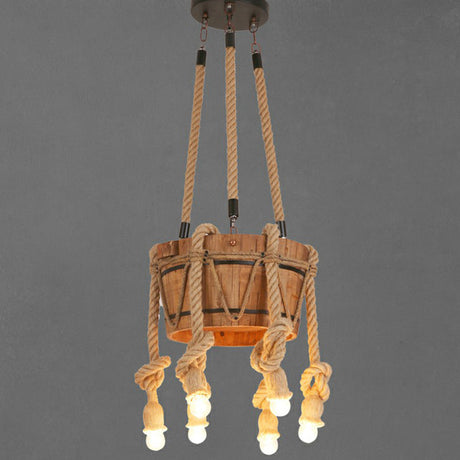 Rustic Restaurant Pendant Light Fixture - Naked Bulb Roped Suspension Lamp In Brown