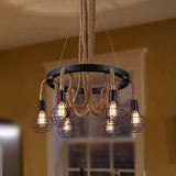 Industrial Iron Cage Pendant Light With Hemp Rope: Black 6-Light Chandelier For Dining Room