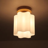 Minimalistic Milky Glass Prism Floral Ceiling Flush Light With Wood Flushmount Design - Ideal For