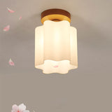 Minimalistic Milky Glass Prism Floral Ceiling Flush Light With Wood Flushmount Design - Ideal For