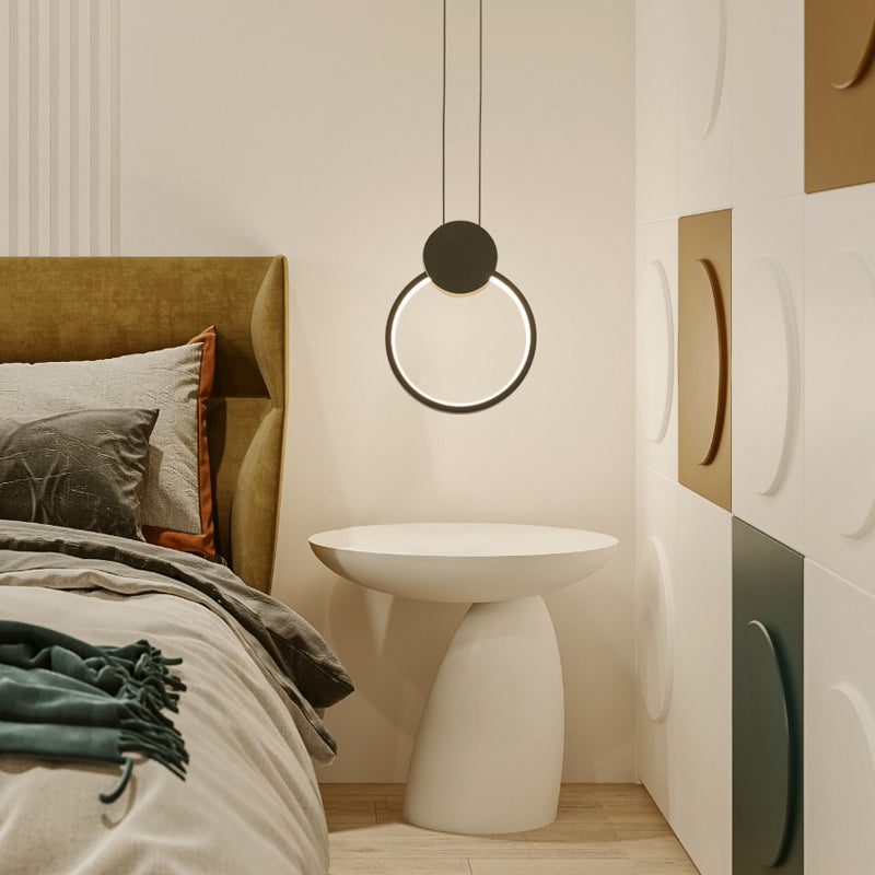 Nordic Led Suspension Light Fixture For Bedroom - Black Circular Hanging Lamp With Metallic Touch