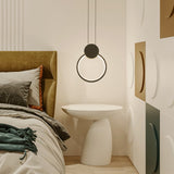 Nordic Led Suspension Light Fixture For Bedroom - Black Circular Hanging Lamp With Metallic Touch