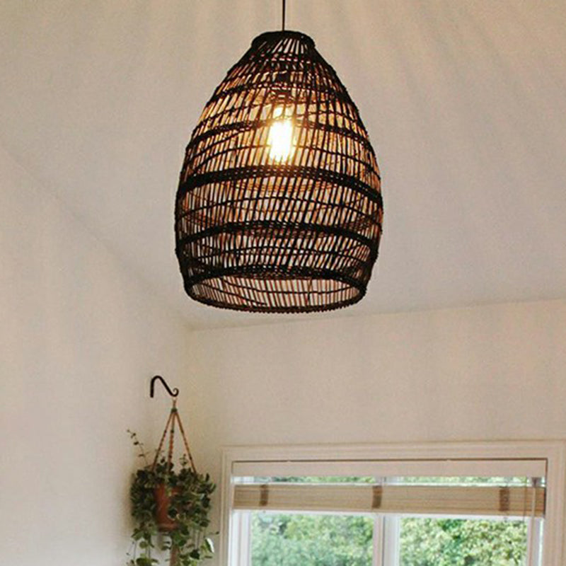 Rustic Rattan Domed Pendant Lamp - 1-Head Bedroom Ceiling Light