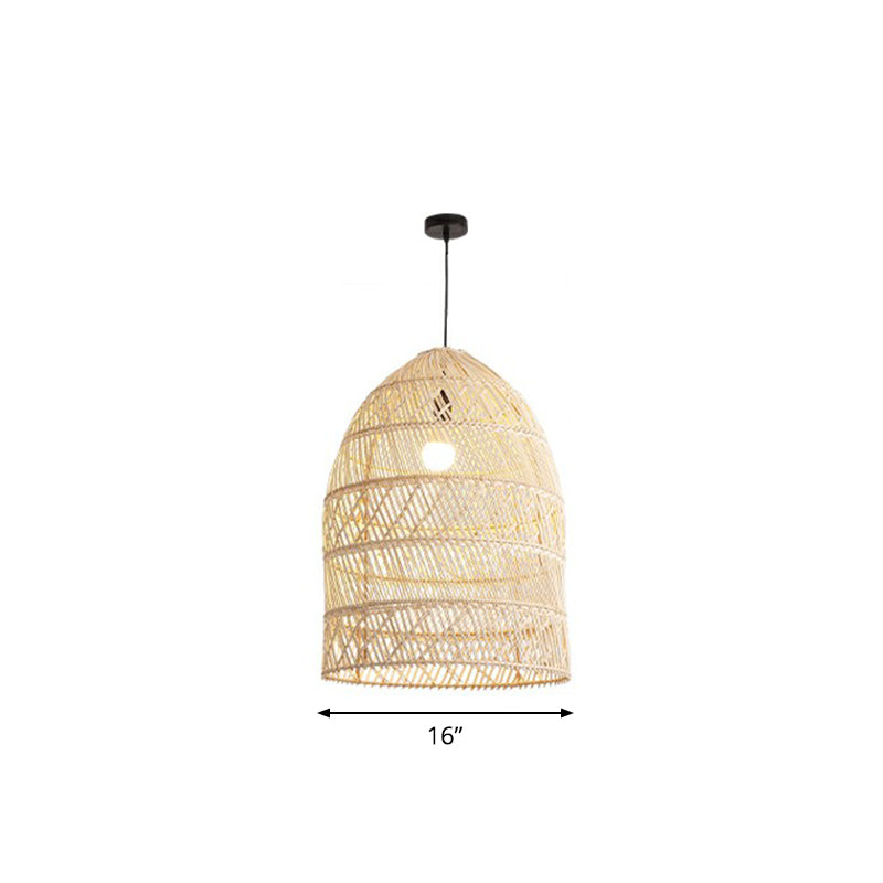 Rustic Rattan Domed Pendant Lamp - 1-Head Bedroom Ceiling Light Wood / Small Oval