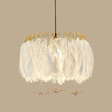 Feather Hanging Lamp: White Chandelier Light For Living Room / 27.5 With Crystal