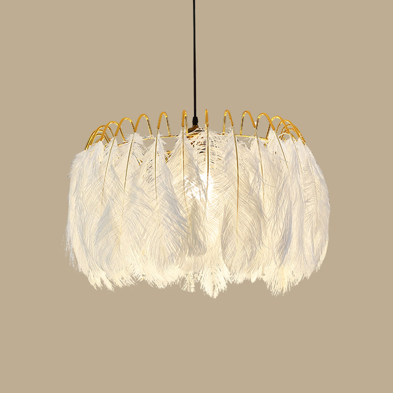Feather Hanging Lamp: White Chandelier Light For Living Room / 27.5 Without Crystal