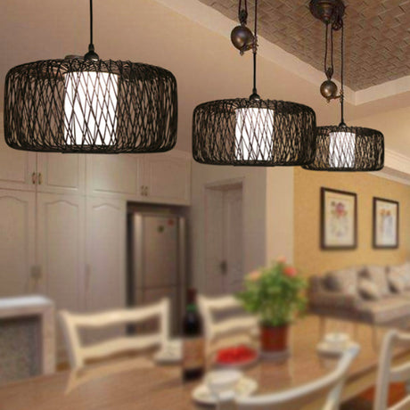 1-Light Restaurant Hanging Bamboo Drum Pendant Lamp 16’’/23.5’’ Wide Black Shade Fixture