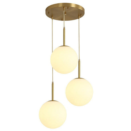 Minimalistic 3-Bulb Gold Pendant Light For Dining Room - Opal Glass Sphere Design