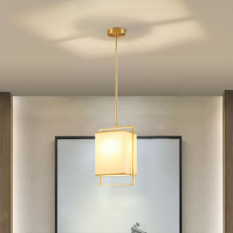 Modern Gold Drop Pendant With Rectangular Fabric Shade - Bedroom Hanging Light