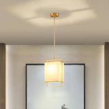 Modern Gold Drop Pendant With Rectangular Fabric Shade - Bedroom Hanging Light