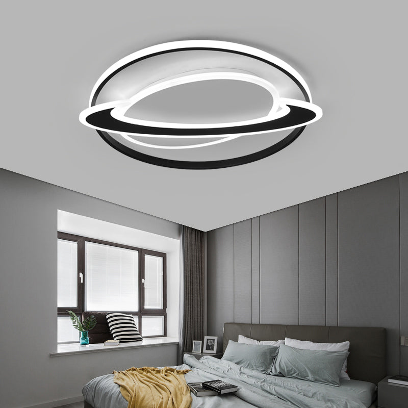 Ringed Planet Led Flush Mount Ceiling Light In Black-White - Nordic Acrylic Fixture For Bedroom