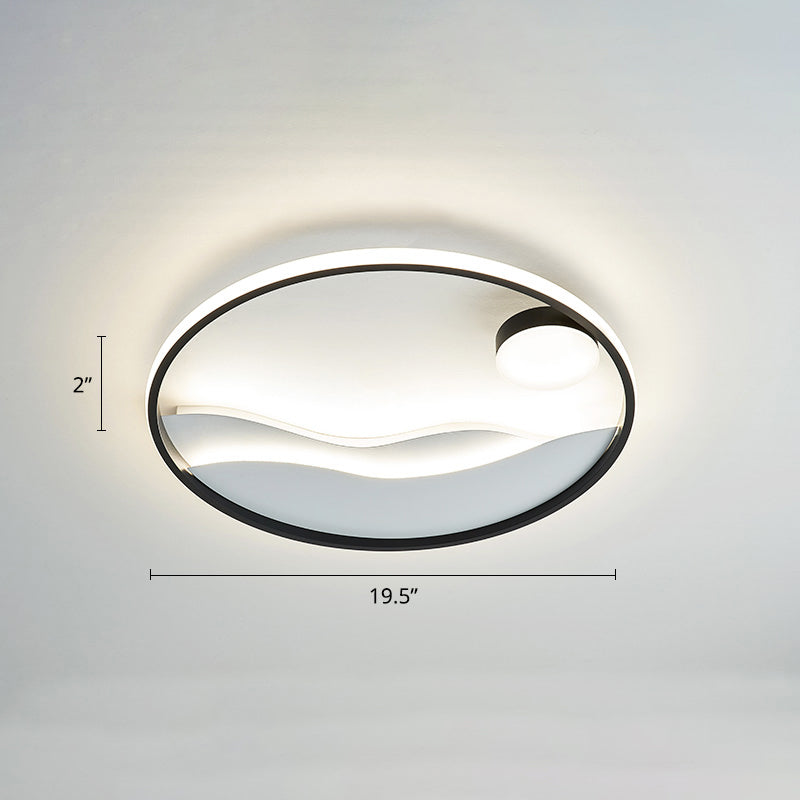 Metal Sunset & Sea Led Ceiling Light With Halo Ring For Bedroom Flush Mounting Black-White / 19.5