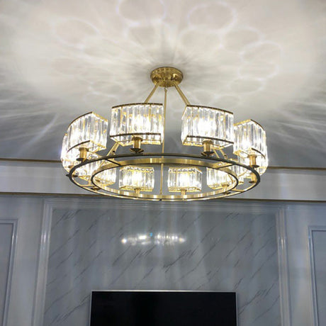 Minimalist Gold Circular Chandelier With Crystal Block Suspension - Ideal For Living Room