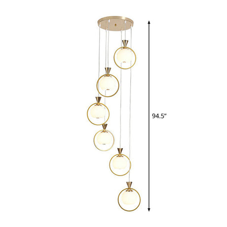 White Glass Ball Suspension Light - 6-Light Stairs Pendant With Gold Metal Loop