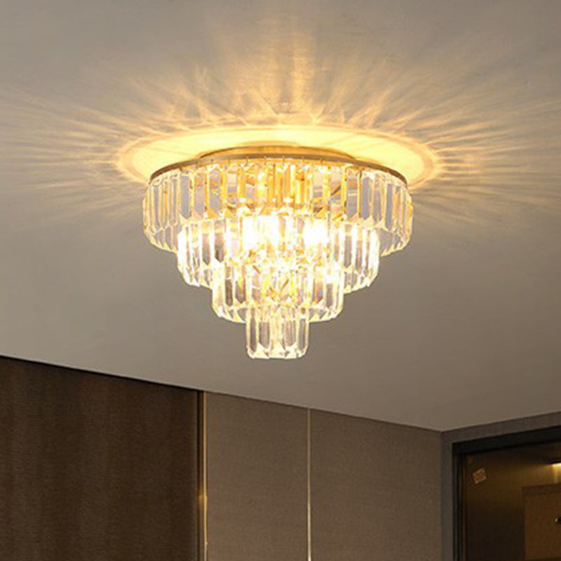 Postmodern Crystal Tiered Tapered Ceiling Flush Light For Bedroom - Clear Mount Fixture