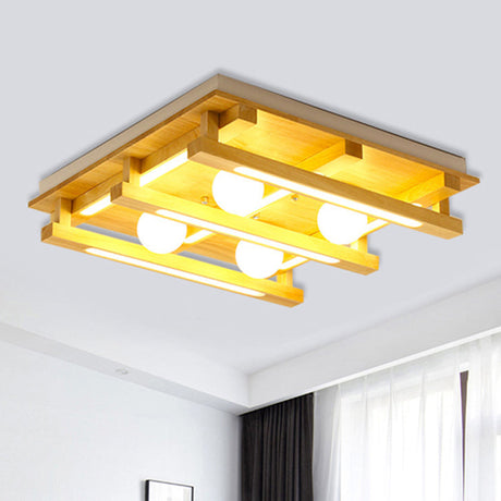 Modern Square Wood Flush Mount Lamp With Led Lights - Brown Ceiling Light Fixture White Glass Ball