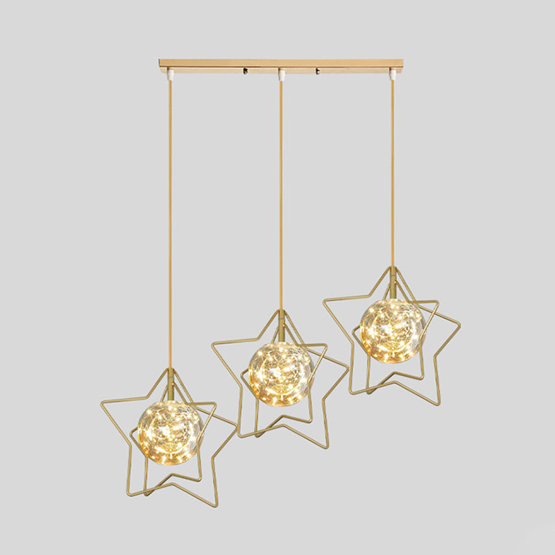 Gold Star And Ball Cluster Pendant - 3 Heads Clear Glass Led Hanging Light For Restaurants / Natural