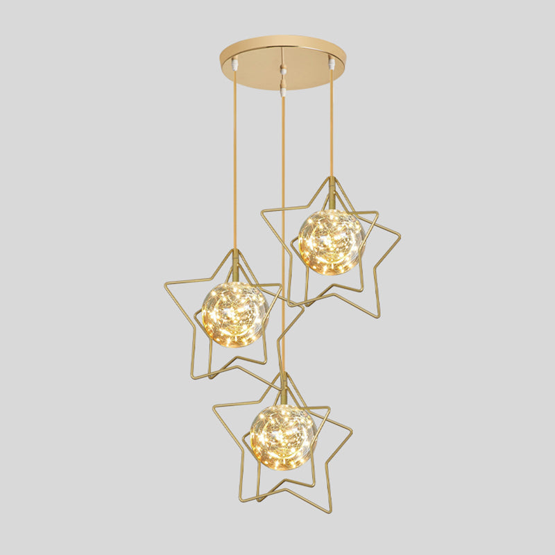 Gold Star And Ball Cluster Pendant - 3 Heads Clear Glass Led Hanging Light For Restaurants