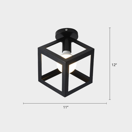 Industrial Metal Flush Ceiling Light Fixture - Cage Style Small Aisle 1 Head Black Flushmount