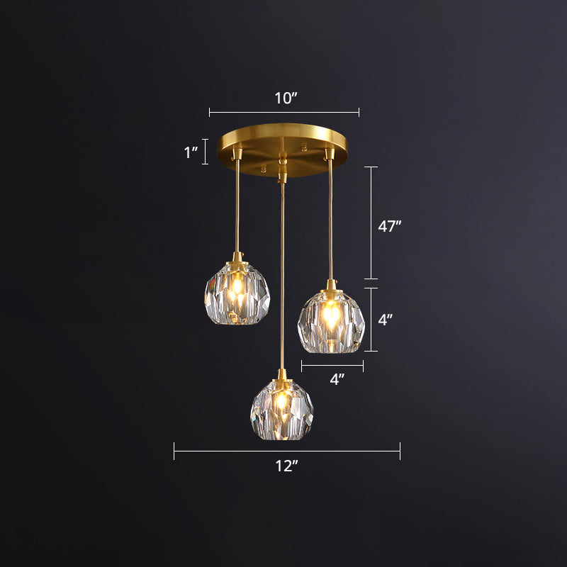 Gold Crystal Pendant Light - Postmodern Shaded Suspension 3 Heads Dining Room