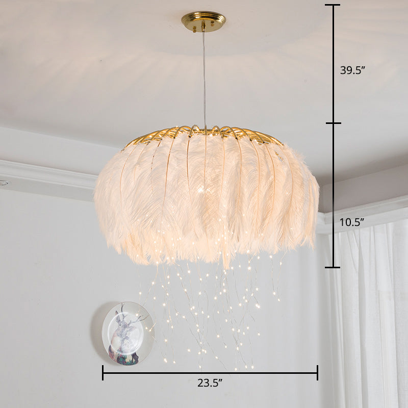 Nordic Feather Bedroom Ceiling Pendant Light: Round Chandelier With Firefly Led String
