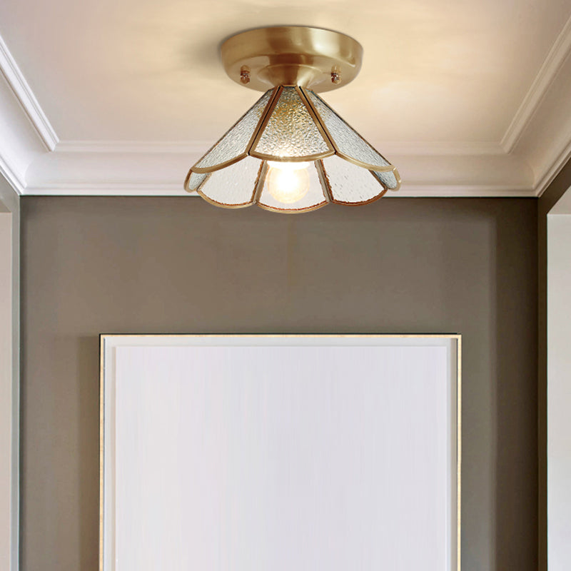 Vintage Glass Conical Foyer Ceiling Light With Scalloped Edge - Brass Flush Mount 1 Bulb Textured