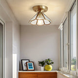 Vintage Glass Conical Foyer Ceiling Light With Scalloped Edge - Brass Flush Mount 1 Bulb