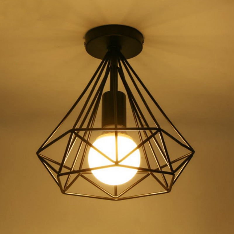 Vintage Black Iron Wire Diamond Ceiling Flush Light With 1-Light Passageway Mount