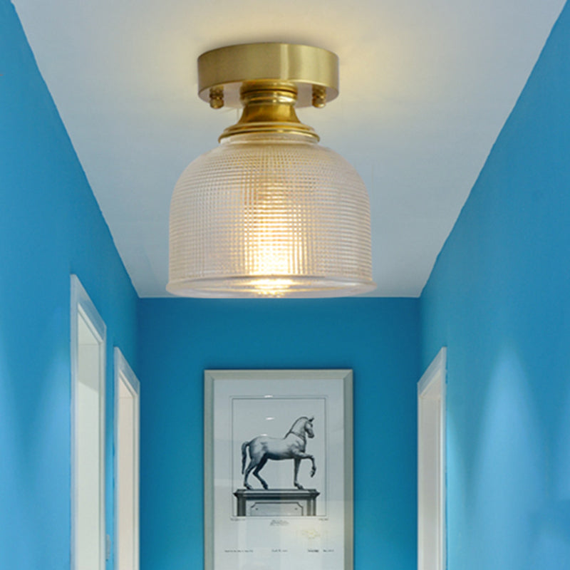 Minimalist Brass 1-Head Ceiling Light With Carved Glass Shade For Corridors