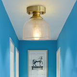 Minimalist Brass 1-Head Ceiling Light With Carved Glass Shade For Corridors