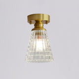Minimalist Brass 1-Head Ceiling Light With Carved Glass Shade For Corridors / Flared