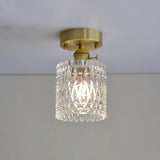 Minimalist Brass 1-Head Ceiling Light With Carved Glass Shade For Corridors