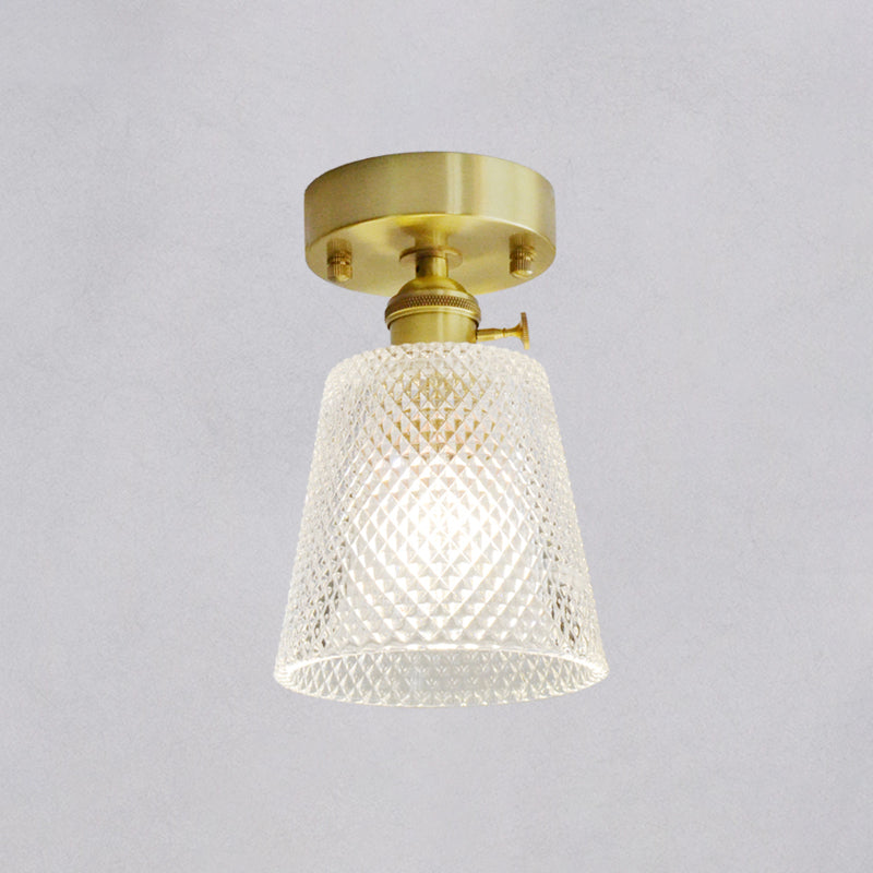 Minimalist Brass 1-Head Ceiling Light With Carved Glass Shade For Corridors