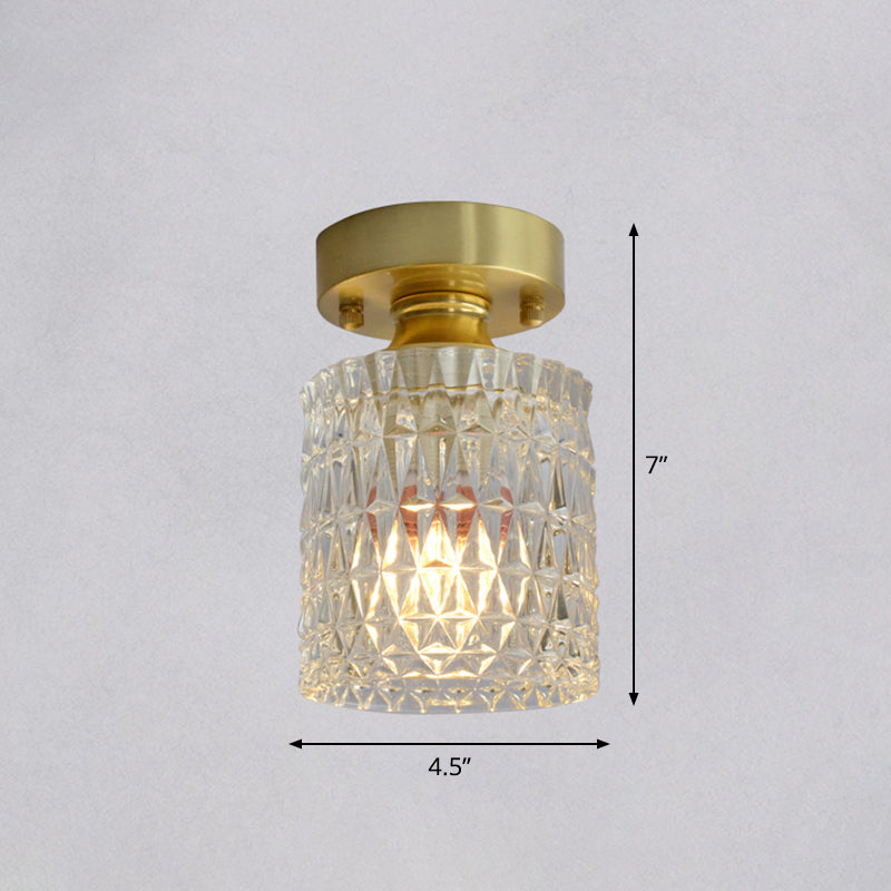 Minimalist Brass 1-Head Ceiling Light With Carved Glass Shade For Corridors