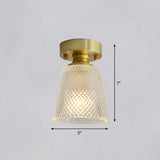 Minimalist Brass 1-Head Ceiling Light With Carved Glass Shade For Corridors