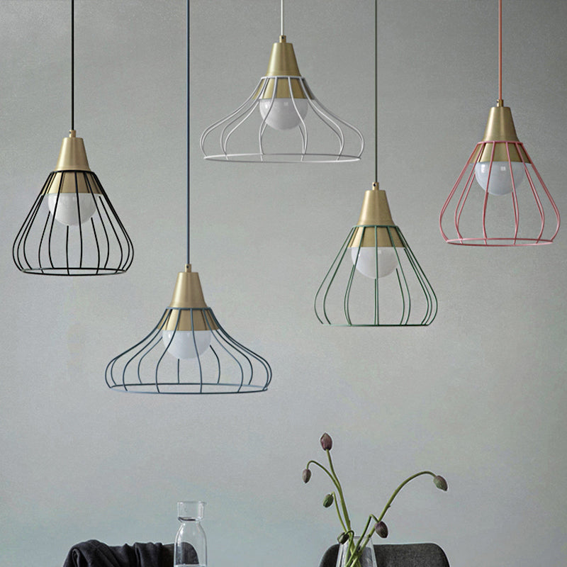 Modern Metal Cone Pendant Lighting - 1 Light Hanging Lamp With Wire-Cage Shade (9/13 Wide)