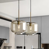 Contemporary Brass Pendant Light With Clear Glass Shade - Oval/Drum/Cylinder 1-Light 7/10/11 Wide