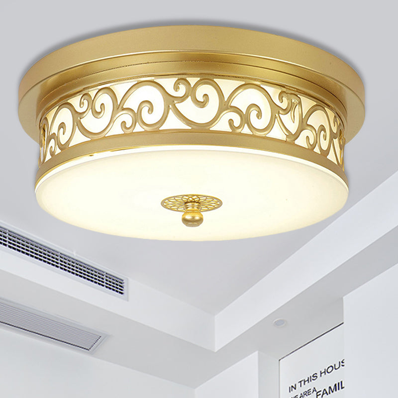 Gold Drum Flush Mount Led Lamp With Classic White Glass - Ideal Living Room Ceiling Light In Or Warm
