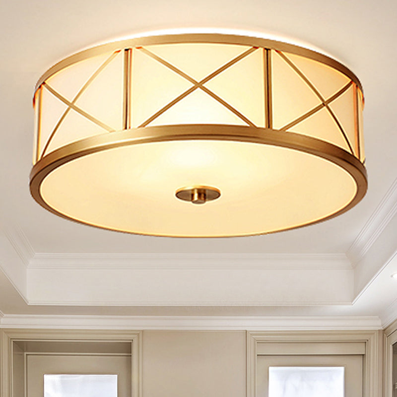Traditional White Glass Drum Dining Room Flushmount Light With Brass Accent 4 Lights 11/14/18 W / 11